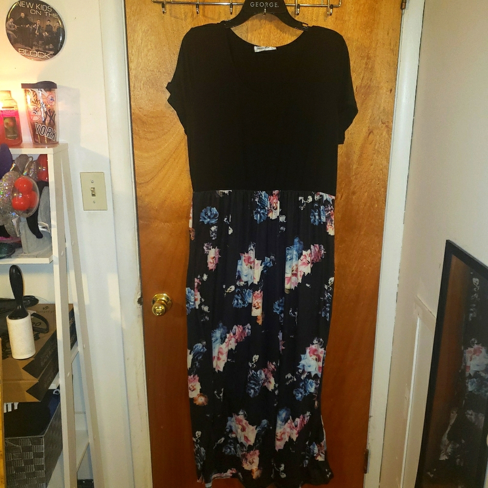 Black & Pink/Blue Floral Long Dress with Pockets